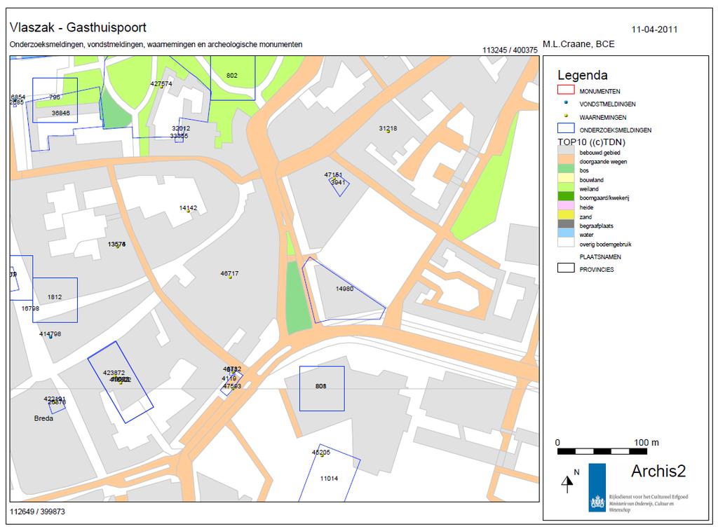 Programma van Eisen Breda 2014-05 Vlaszak; Gasthuispoort Kaartbijlage 4: Onderzoeksmeldingen, Vondstmeldingen, Waarnemingen en