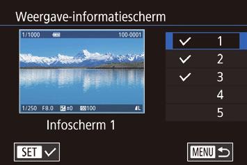 Infoscherm 4 toont informatie over de witbalans en Infoscherm 5 toont informatie over de beeldstijl. pen het instellingenscherm.