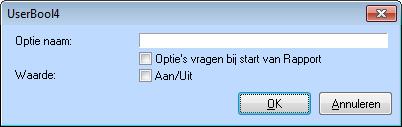 De regel Optie vragen bij start van het rapport beïnvloed de zichtbaarheid van de optie in het dialoogvenster bij start scherm.