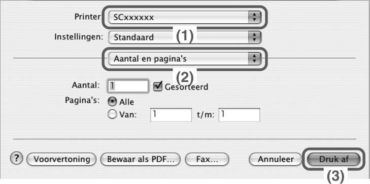 De naam van het apparaat dat verschijnt in het menu "Printer" is normaal gezien [SCxxxxxx]. ("xxxxxx" is een reeks tekens die varieert naargelang het model van uw apparaat.