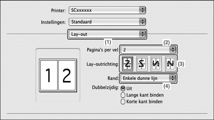 Macintosh De procedure om de printerstuurprogramma-instellingen te selecteren, wordt hieronder uitgelegd aan de hand van het voorbeeld "Meerdere afbeeldingen afdrukken op één vel papier (X