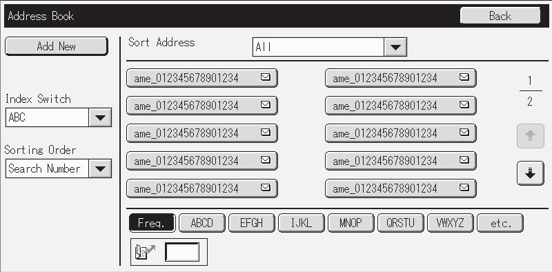 Indeling: Bestandstype: Zwart/wit: Kleur/Grijswaarden: (4) (5) (6) (7) (8) PDF Compressiemodus MMR(G4) Comprimeringsfactor Gemid. (9) (4) Selecteer [E-mail] in het selectievak "Adrestype".