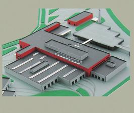 L implantation de l immeuble fait fonction de front et clôture la zone PME comme un portail vers la ville.