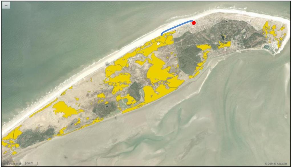 Figuur 3-7 Locaties Grijze Duinen (kalkarm) op Vlieland vanaf de grijze duinen gevuld naar de aanvullocatie rijdt, het zand lost, en leeg terugrijdt naar de grijze duinen. Een totale afstand van ca.