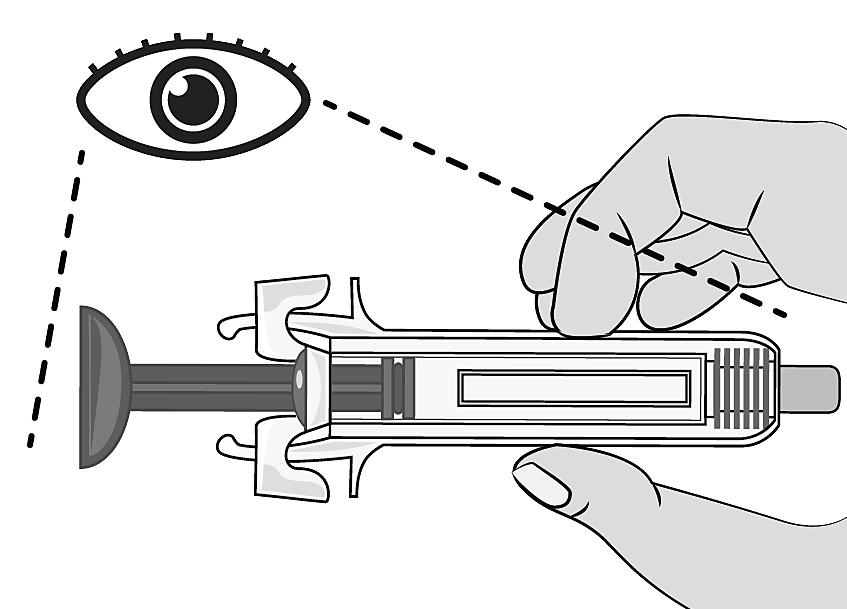 De spuit alleen bij het middenstuk vasthouden omdat elk contact met de ontgrendelclips het voortijdig loslaten van het naaldbeschermingsmechanisme kan veroorzaken.