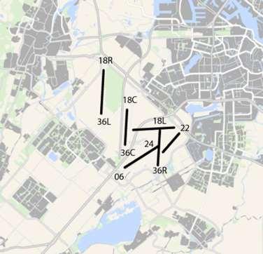 Figuur 13 Banenstelsels Figuur 14 Schiphol Voor het gebruik van deze banen zijn nadering- en vertrekroutes vastgelegd.