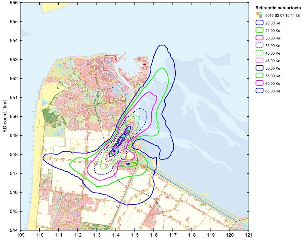juni 2017 NLR-CR-2016-020-PT-1-V2 Figuur 5.4: 20 tot en met 65 Ke-contouren van de referentie natuur Voor de natuurtoets wordt de voorgenomen activiteit vergeleken met de referentie natuur. Figuur 5.5 laat de verschillen zien tussen de referentie natuur en de voorgenomen activiteit.