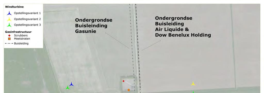 Figuur 1 - Locatie van windturbines in verschillende layouts en de gasinfrastructuur nabij windpark Kabeljauwbeek 2.