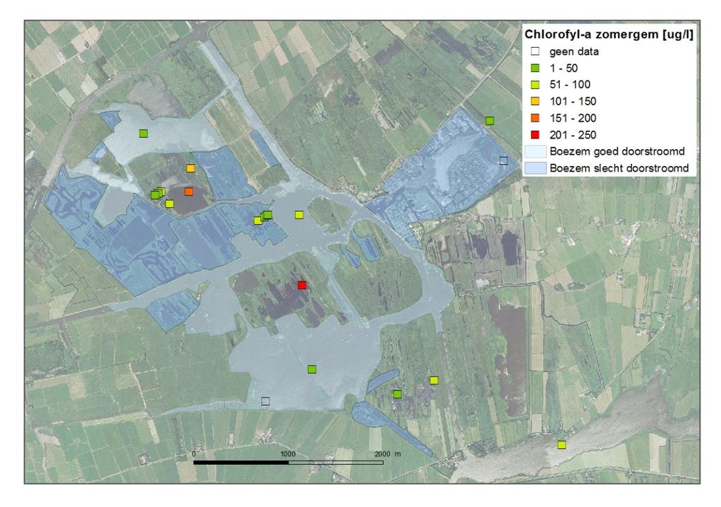 Figuur 17 Zomergemiddelde concentraties orthofosfaat (mg/l). Chlorofyl-a Chlorofyl-a geeft een beeld van de ontwikkeling van algen in het water.