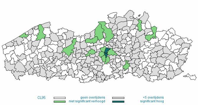 Figuren 6 (voor mannen) en 7 (voor vrouwen) visualiseren de statistische significantie van de sterfte door mesothelioom in de Vlaamse gemeenten op kaart.