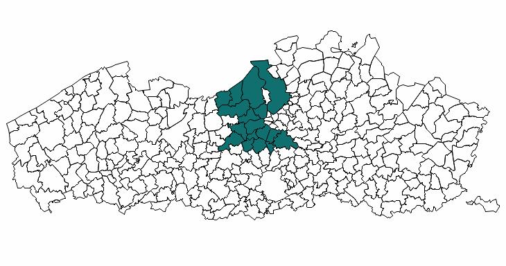 Volgende 17 gemeenten voldoen aan bovenstaande definitie (alfabetische volgorde): Antwerpen, Beveren, Bornem, Buggenhout, Dendermonde, Hamme, Kapelle-op-den-bos, Kruibeke, Londerzeel, Mechelen,