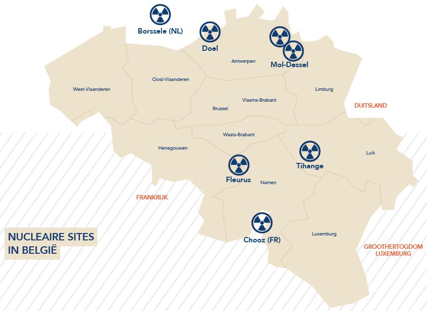 De 20/10 km zones rond de nucleaire installaties. De postcodes van de gemeentes behorende tot deze zones liggen vast.