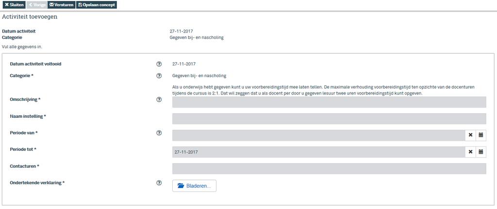 Klik de einddatum van deze bij- en nascholing aan. Deze datum kan niet in de toekomst liggen. Klik op volgende Vul de gegevens van de bij- en nascholing in. Is een veld niet duidelijk?