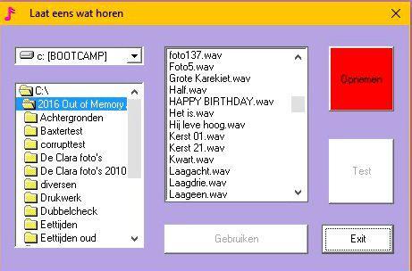 In het onderstaande menu kan, mits aanwezig op de PC, een muziekje worden geselecteerd. (*.wav) of klik op de rode knop om zelf iets op te nemen. (zie blz.