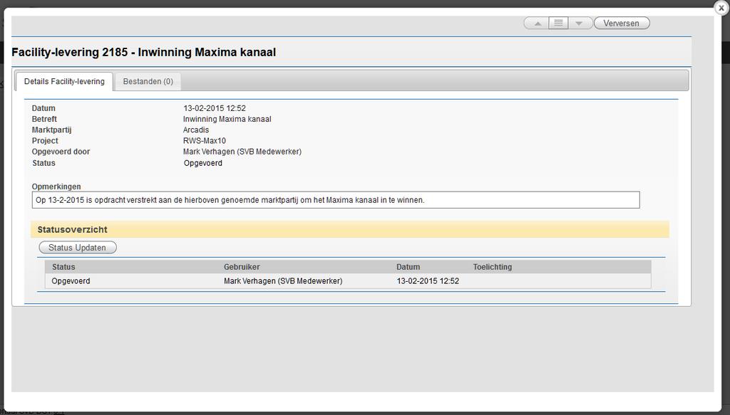 In dit detailscherm kan de medewerker van SVB-BGT één of meer bestanden toevoegen en de facility-levering toewijzen aan een marktpartij (via statuswijziging).