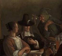Een lachende Jan Steen heeft het hoogste woord. De kleine hoofdrolspeler van de avond is op de tafel getild: De Koning drinkt!