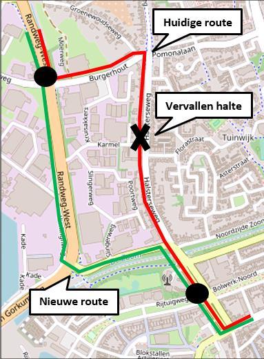 Nieuwe halten zijn in beide richtingen voorzien nabij de kruising Mozartlaan / Ravelstraat. Halte Lavendelpad krijgt als nieuw haltenaam Zandstraat.