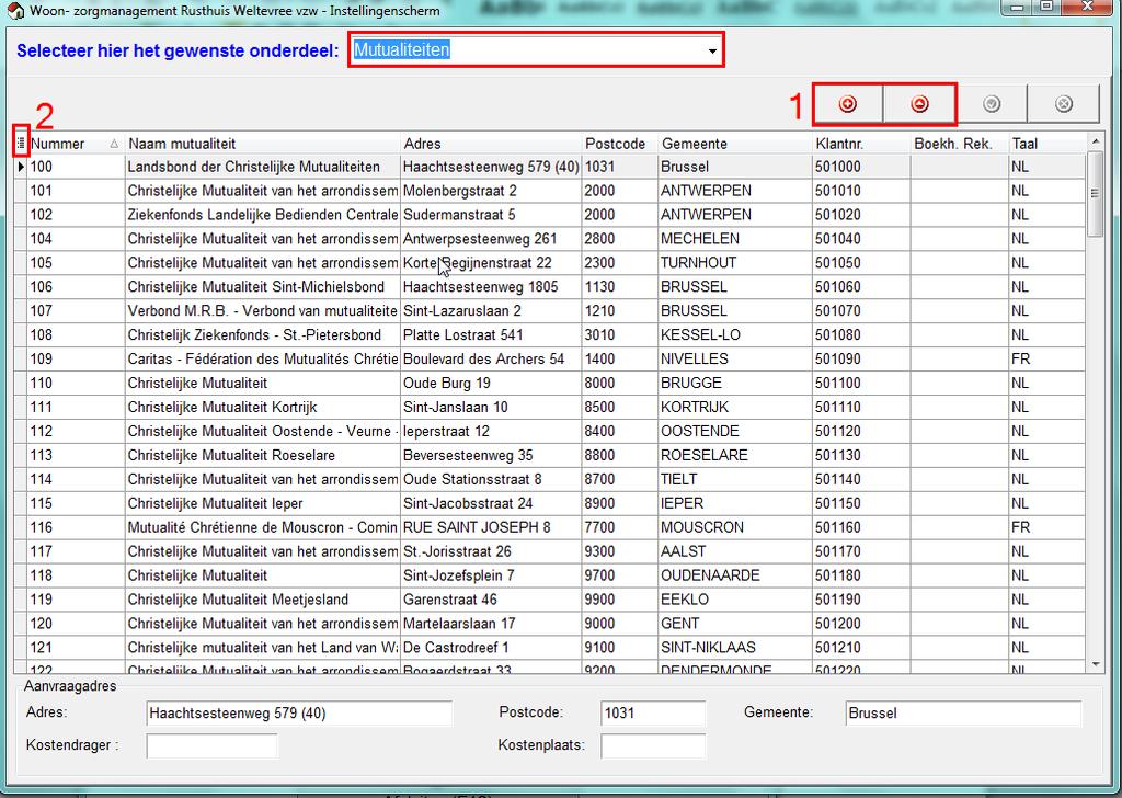 1. Instellingen 1.7 Mutualiteiten Alle mutualiteiten (zetels) kan je hierin terug vinden. Indien een zetel niet in de lijst staat, kan je via + een zetel toevoegen.