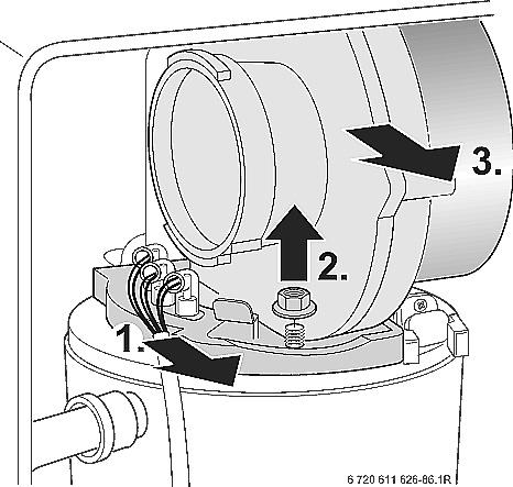 Bevestigingsmoer van de ventilatorplaat afschroeven en ventilator verwijderen. Fig. 53 Elektrodenset met dichting afnemen.
