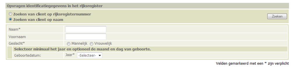 Het resultaat van de opzoeking verschijnt onderaan. Klik op het rijksregisternummer (onderlijnd). Ga verder met Taak 3.3 Enkel jongeren tot 25 jaar kunnen op deze manier worden opgezocht.