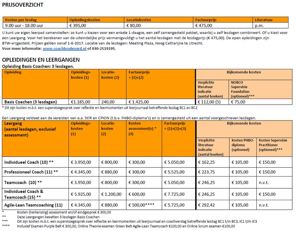 Prijzen per 1 augustus 2018 * Alle opleidingen -ook de Opleidingen Coachen- van Coachboulevard zijn BTW vrijgesteld, dat scheelt 21% kosten. Indien gewenst kan Coachboulevard inclusief BTW factureren.