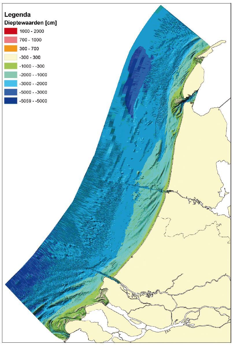 Figuur 5.16 Bodemligging t.o.v. NAP van het SWAN model voor de Hollandse kust zoals gebruikt voor de productieberekeningen van de golfparameters in HR-2006 (RWS-RIKZ, 2006).