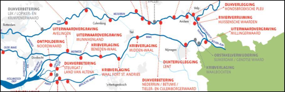 Figuur 4.3 Overzicht Ruimte voor de Riviermaatregelen langs de Neder-Rijn/Lek en de Waal (al deze maatregelen zijn meegenomen in WAQUA schematisatie).