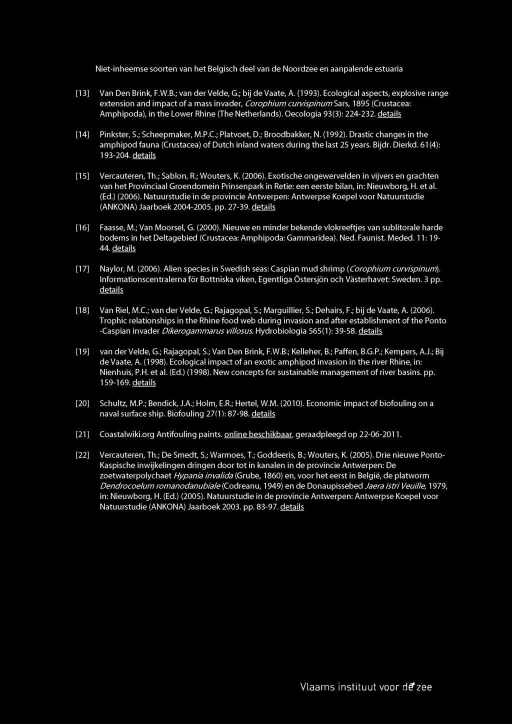 details Pinkster, S.; Scheepmaker, M.P.C.; Platvoet, D.; Broodbakker, N. (1992). Drastic changes in the amphipod fauna (Crustacea) of Dutch inland waters during the last 25 years. Bijdr. Dierkd.