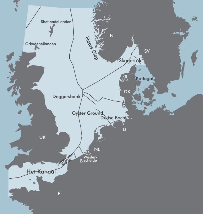 Figuren 1 en 2: Situering van de Noordzee (boven) en van de Belgische