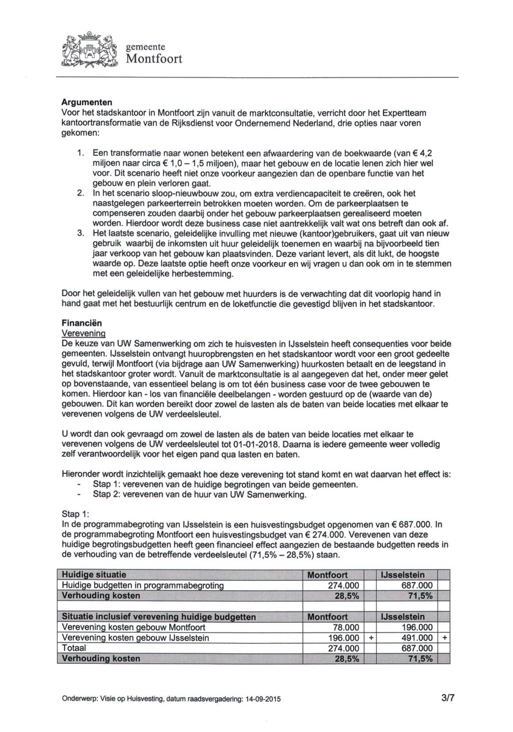 Argumenten Voor het stadskantoor in zijn vanuit de marktconsultatie, verricht door het Expertteam kantoortransformatie van de Rijksdienst voor Ondernemend Nederland, drie opties naar voren gekomen: 1.