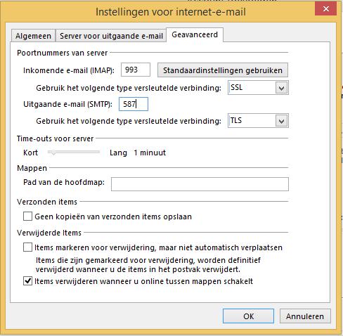 10. Ga vervolgens naar het tabblad Geavanceerd Bij Inkomende e-mail (IMAP) Inkomende e-mail: 993 met SSL Bij Uitgaande e-mail (SMTP) Uitgaande e-mail: 587 met TLS Time-outs voor server op 10 minuten