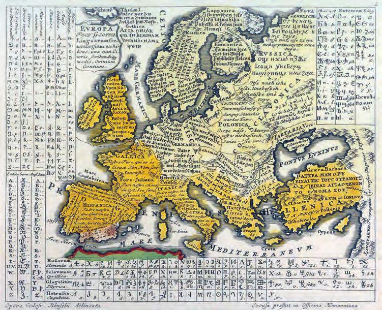 8. De taalkaart van Europa uit Synopsis Universae Philologiae van Gottfried Hensel (1741, Neurenberg). Bron: Wikimedia. tussen verschijnselen, die hij in een legenda verklaarde.