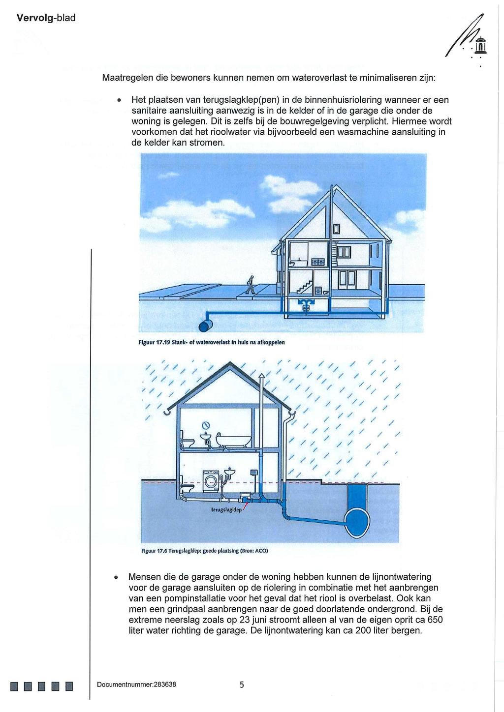 Vervolg-blad Maatregelen die bewoners kunnen nemen om wateroverlast te minimaliseren zijn: Het plaatsen van terugslagklep(pen) in de binnenhuisriolering wanneer er een sanitaire aansluiting aanwezig