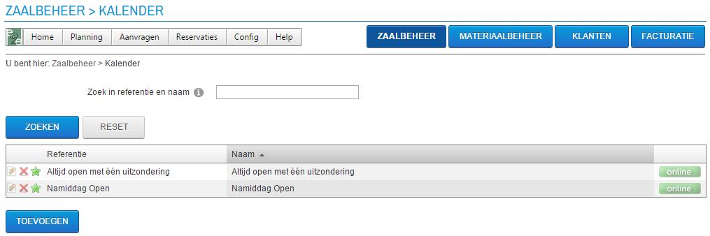 6.1.1.2.10 Uitsluitingen Indien een complex over meerdere faciliteiten beschikt, kan men hier opgeven welke faciliteiten niet samen gereserveerd kunnen worden of elkaar uitsluiten. 6.1.2 Kalender Hier krijgt men een overzicht van alle kalenders die algemeen geconfigureerd zijn, deze kalenders kan men gebruiken voor het opstellen van openingsuren van een complex.