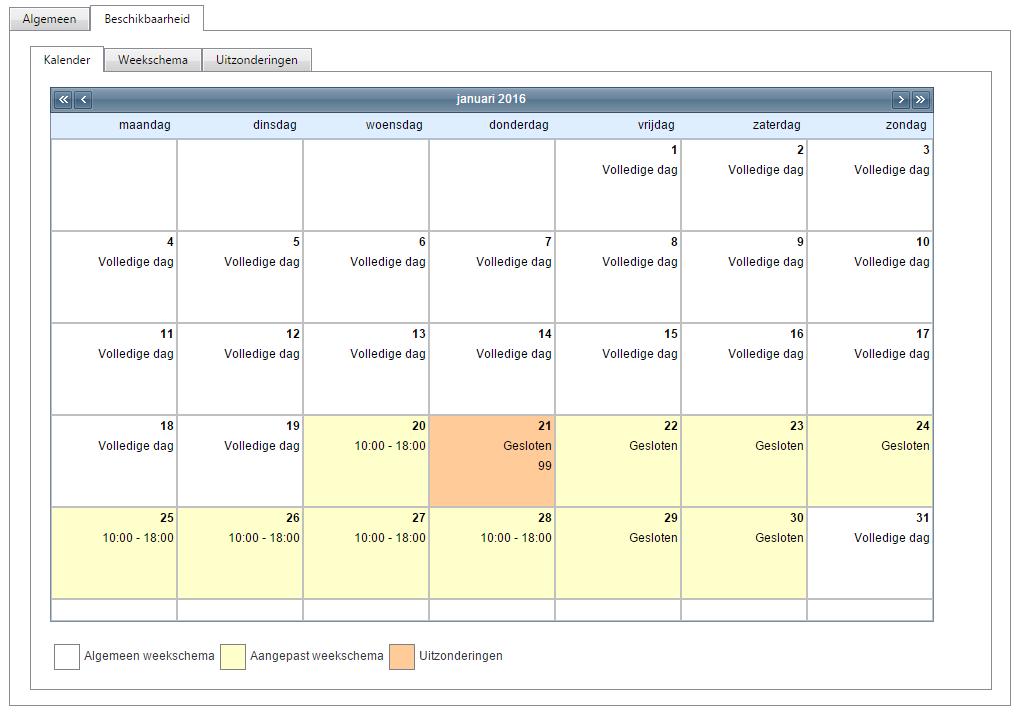 In de kalender wordt er gebruik gemaakt van kleuren om aan te geven of het gaat over een uitzondering, een aanpassing of een algemeen weekschema.