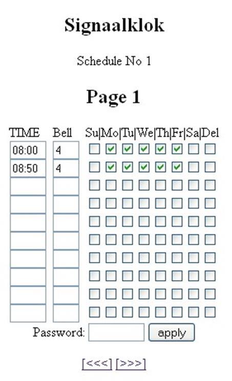 Voor elk schedule zijn 4 pagina s met in totaal 40 tijden voor de signaalklok. In het bovenstaande voorbeeld geeft de signaalklok om 8:00 uur een bel met signaal 4 en om 8:50 weer.