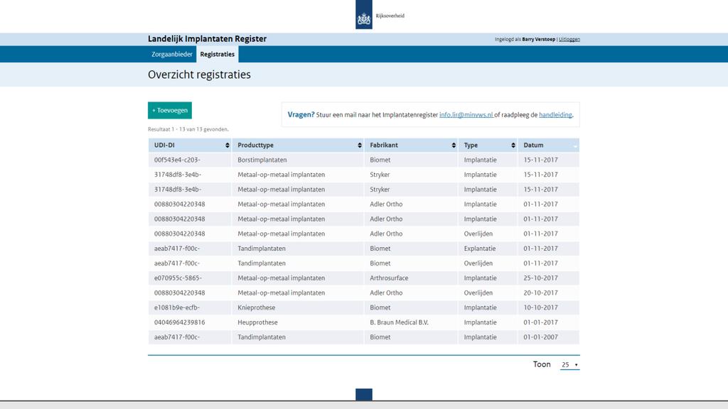 3. Registraties In dit hoofdstuk wordt het overzicht van de registraties, het handmatig toevoegen van registraties en het toevoegen van registraties met een scanner besproken.