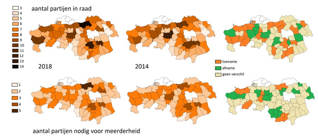 Versnippering Brabant Bovenstaande kaarten geven een indruk van de mate van versnippering in de gemeenteraden.