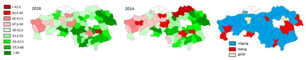 Ruimtelijke analyse uitslag gemeenteraadsverkiezingen 2018 Provincie Brabant Opkomst Brabant Op de bovenstaande kaarten is het opkomstpercentage bij de verkiezingen in 2018 en 2014 in de