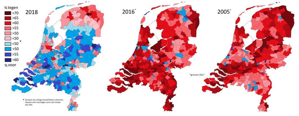 Op de bovenstaande kaart is de uitslag per gemeente van het referendum over de Wet op de inlichtingen- en veiligheidsdiensten, beter bekend als de sleepwet, weergegeven.