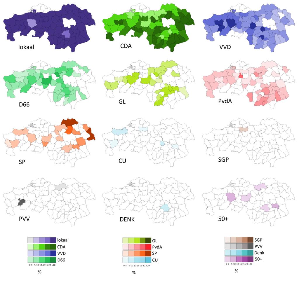 Aanhang per partij Brabant Op de bovenstaande kaarten is per partij aangegeven hoe goed deze gescoord heeft in de verschillende gemeenten. De lokale partijen zijn hier bij elkaar opgeteld.