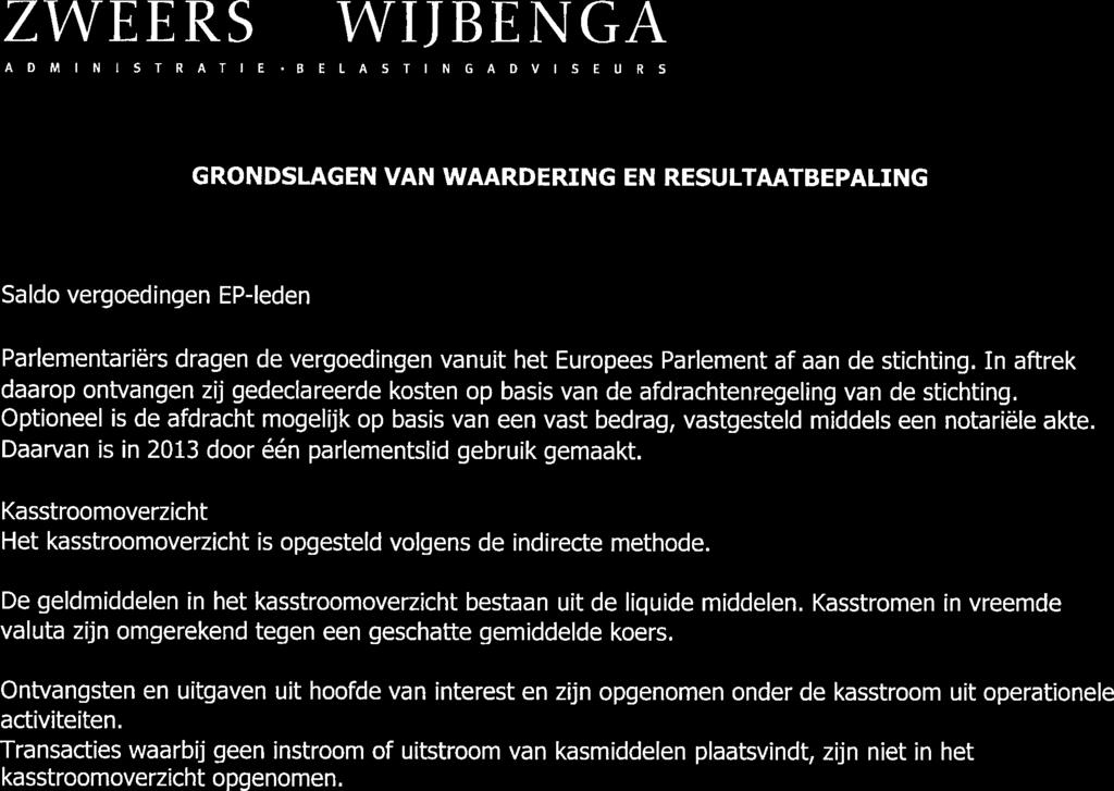 ADMINISTR ATIE BEL ASTINGADVISEUR GRONDSLAGEN VAN WAARDERING EN RESULTAATBEPALING Saldo vergoedingen EP-leden Parlementariërs dragen de vergoedingen vanuit het Europees Parlement af aan de stichting.