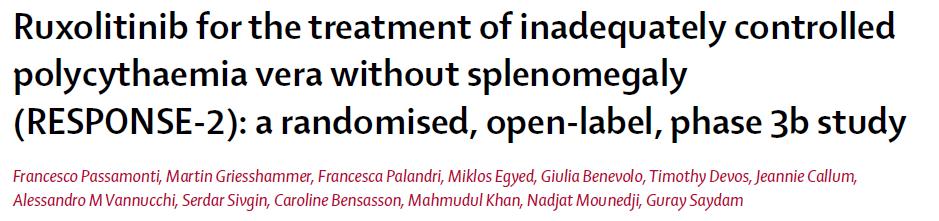 RESPONSE 2 studie Lancet Oncology 2016 bereiken van een Hct controle bij 62% van de PV-patiënten die ruxolitinib innemen (na 28