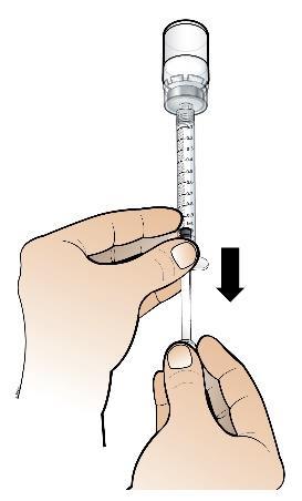 10. Draai de spuit-flacon-combinatie ondersteboven, zodat de injectieflacon met gereconstitueerd product zich boven de spuit bevindt. Zuig alle oplossing met geneesmiddel in de toedieningsspuit.