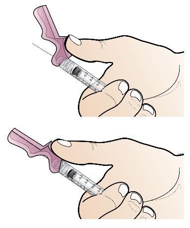 15. Na injectie de roze beschermdop weer terugplaatsen door deze met dezelfde hand naar voren te duwen totdat u een klik hoort en/of voelt. 16.