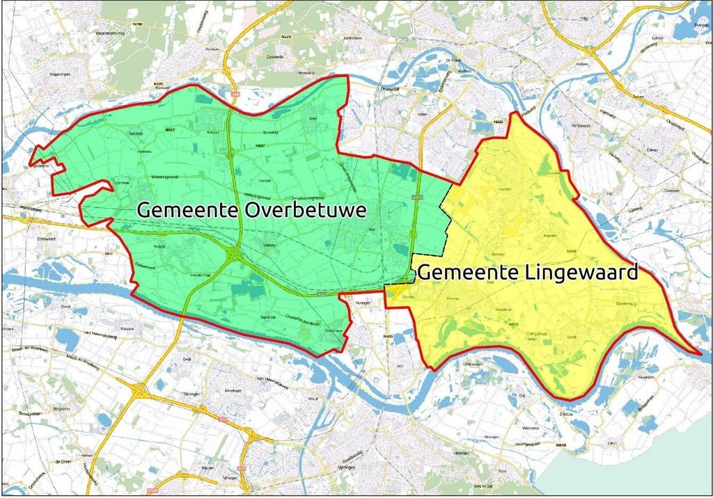 2 TOERISME EN RECREATIE IN OVERBETUWE EN LINGEWAARD 2.1 GEBIEDSAFBAKENING De gemeenten Lingewaard en liggen in Gelderland in de groen-blauwe zone tussen de steden Arnhem en Nijmegen.