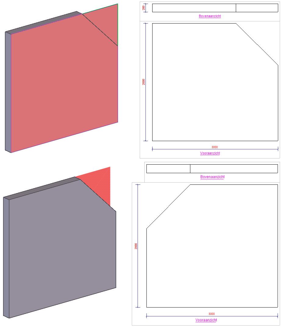 Voorbeeld Een wand die is gemodelleerd met de standaard instelling met een afschuining ten opzichte van het paarse eindpunt, dus standaard is de stortzijde het rechtervlak gezien van het beginpunt