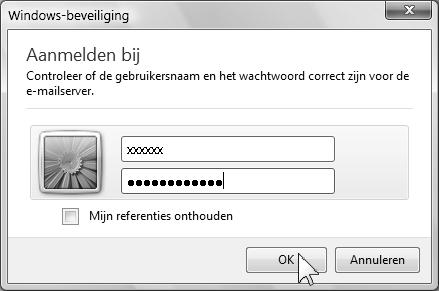 Hoofdstuk 1 Uw elektronische post 15 Als u Windows Mail voor het eerst gebruikt en u bent online, ziet u in de meeste gevallen een venster zoals hieronder: Typ uw gebruikersnaam Typ uw wachtwoord De