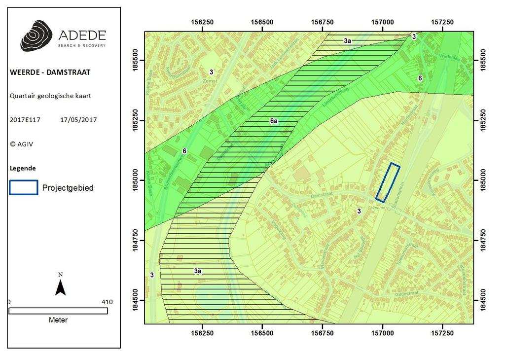 Figuur 5. Situering van het projectgebied op de quartair geologische kaart. 3.2.3 Boringen DOV 4 Ter hoogte van het onderzoeksgebied zelf werden in het verleden nog geen boringen uitgevoerd.