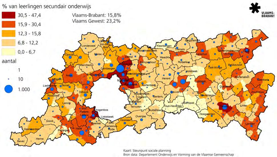 DEEL III: Armoede bij gezinnen met kinderen Kaart 55: : Leerlingen basis onderwijs met laaggeschoolde moeder (01/02/2016) % van leerlingen basisonderwijs aantal 24,4-43,1 14,1-24,3 9,7-14,0 5,1-9,6